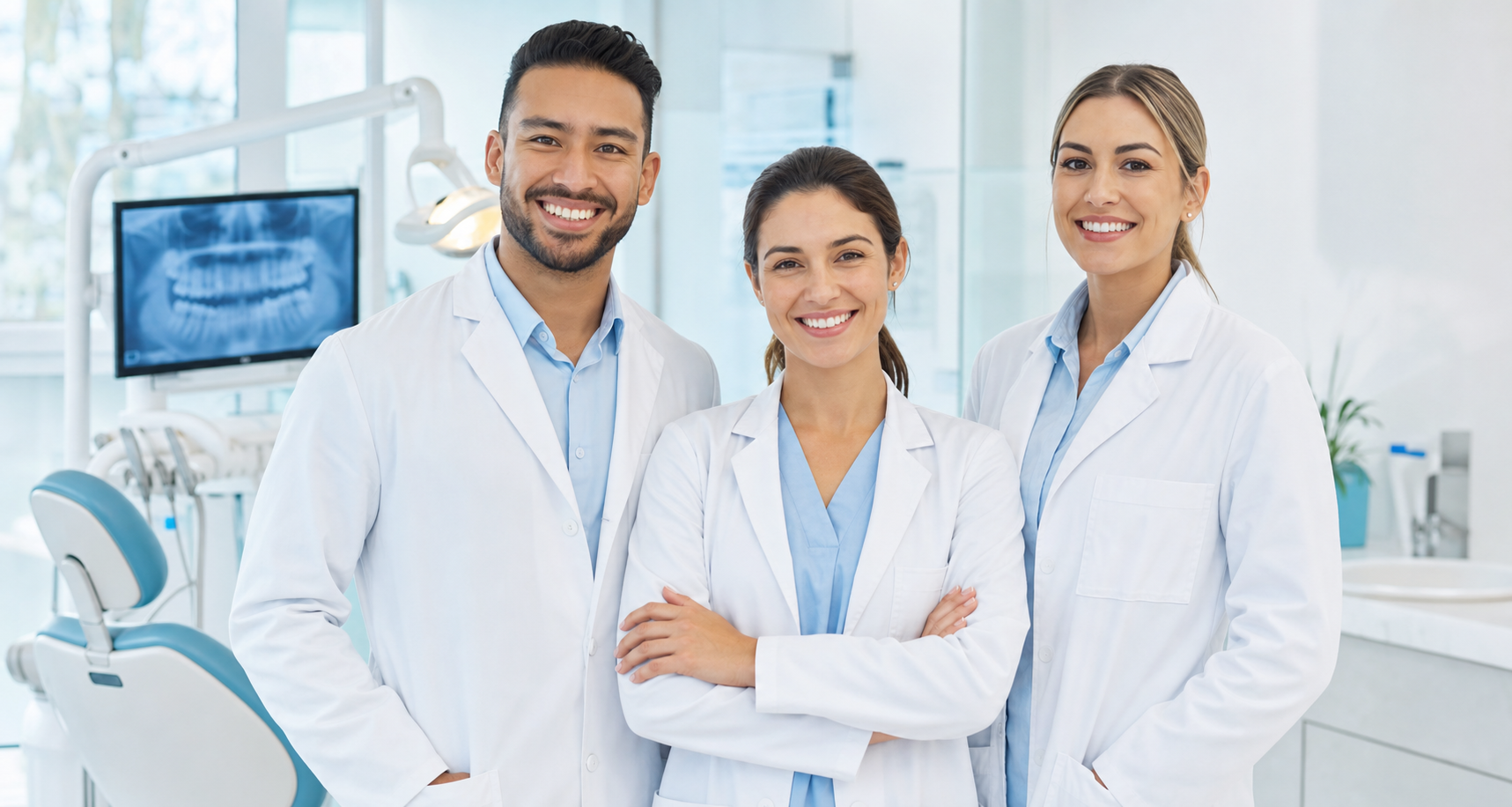 Equipe de profissionais de odontologia sorrindo em consultório claro.