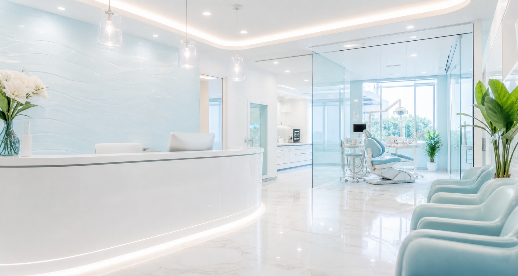 Recepção moderna e consultório odontológico com tons claros e azul suave.